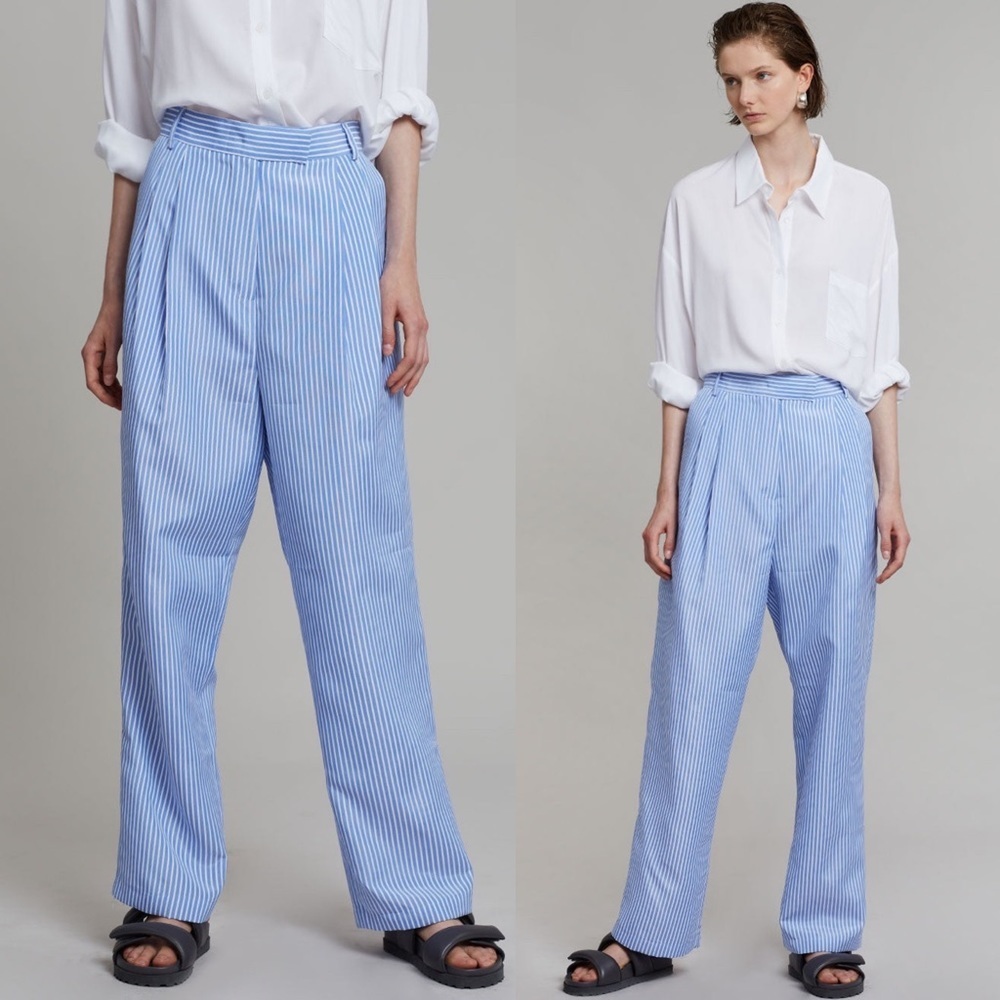 The Frankie Shop Bea Pinstriped High Rise Cotton Suit Pants in Light Blue/White